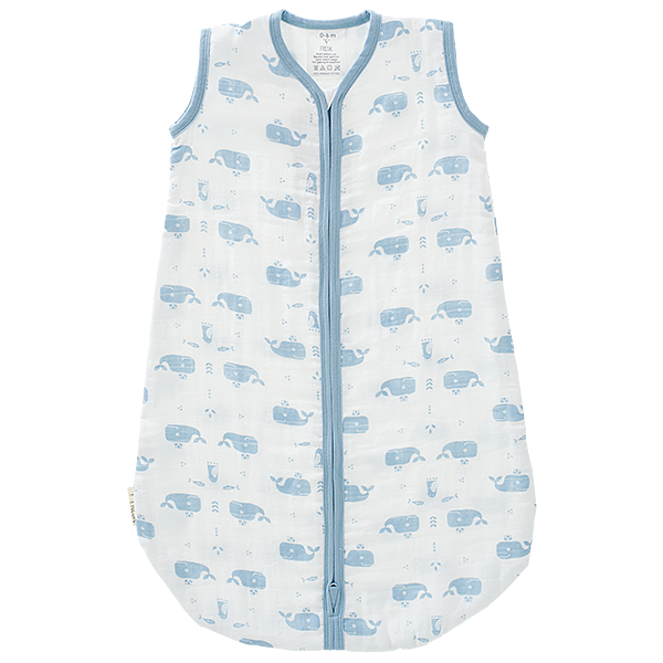 Slaapzak muslin 2-laags Blue Fog Whale Wit