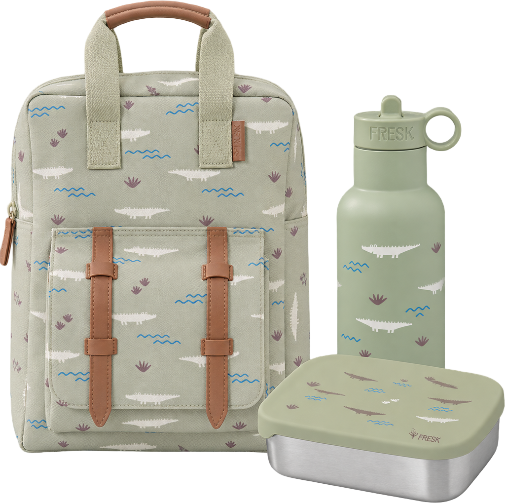 Schoolset Crocodile met kleine rugzak, thermosfles en lunchbox