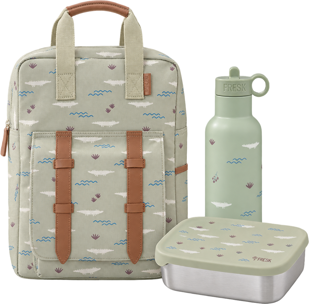 Schoolset Crocodile met grote rugzak, thermosfles en lunchbox