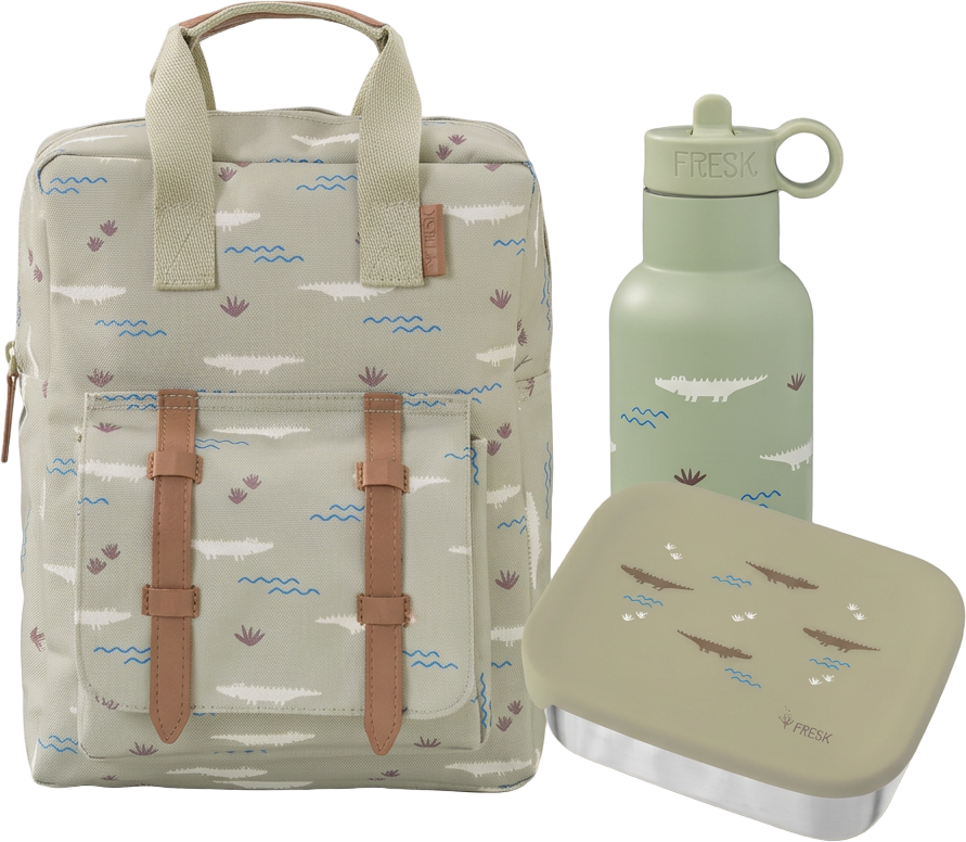 Schoolset Crocodile met kleine rugzak, thermosfles en lunchbox