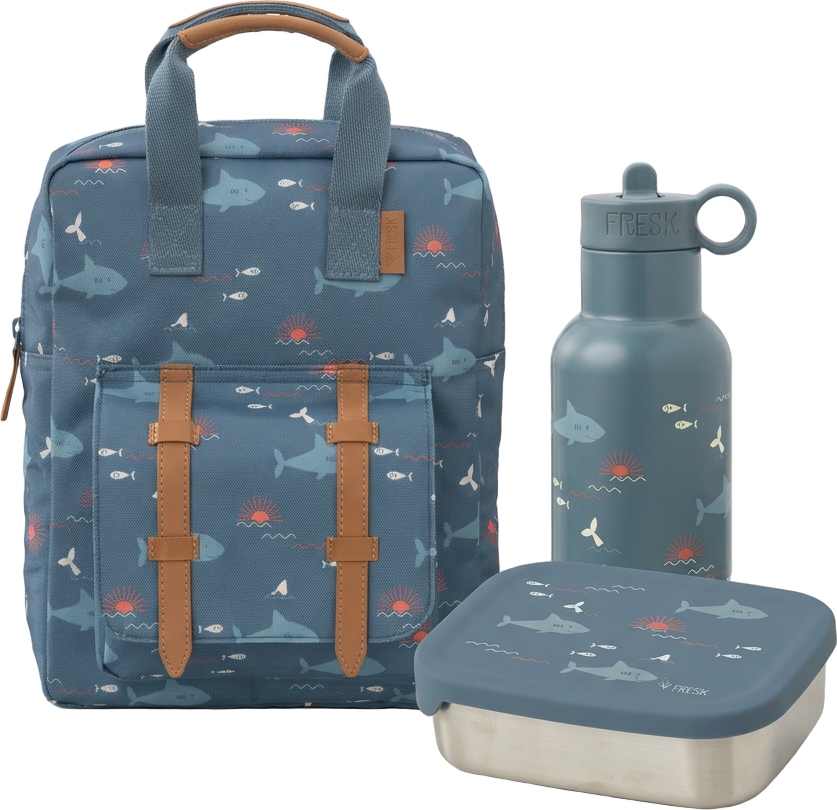 Schoolset Shark met kleine rugzak, thermosfles en lunchbox